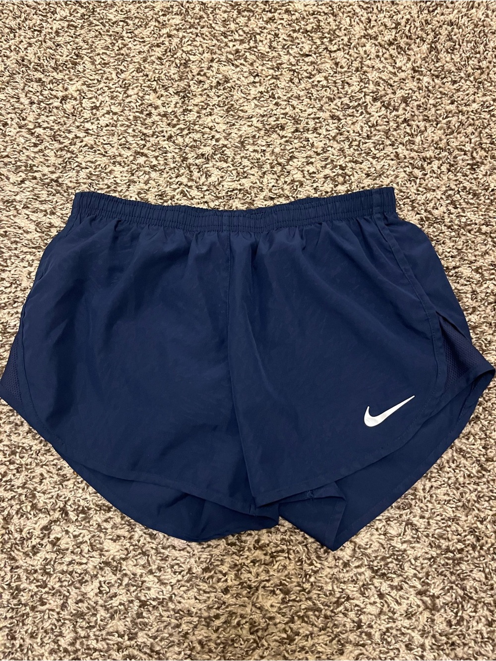 Nike Women's Dark Blue Athletic Shorts with White Swoosh